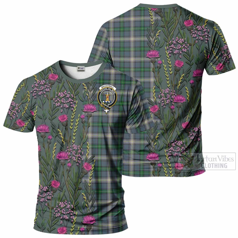 MacDowall (McDowall) Family Crest Tartan T-Shirt Scottish Thistle Flower Pattern Half Style - Tartan Vibes Clothing