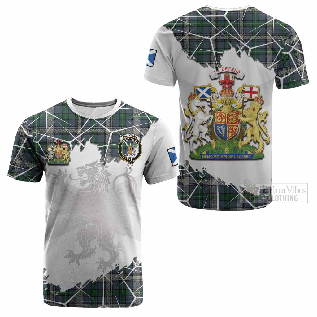 MacDowall (McDowall) Tartan Cotton T-shirt with Family Crest and Lion Rampant Grunge Style