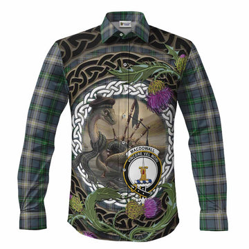 MacDowall (McDowall) Tartan Crest Bagpipe Nessie Long Sleeve Button Shirts Scottish Loch Ness Monster Celtic Thistle