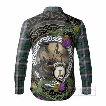 MacDowall (McDowall) Tartan Crest Bagpipe Nessie Long Sleeve Button Shirts Scottish Loch Ness Monster Celtic Thistle