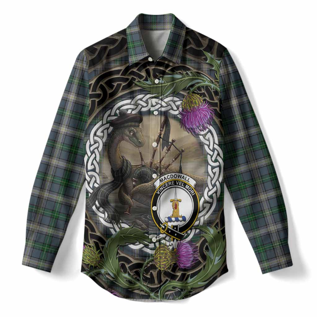 MacDowall (McDowall) Tartan Crest Bagpipe Nessie Women Casual Shirt Scottish Loch Ness Monster Celtic Thistle