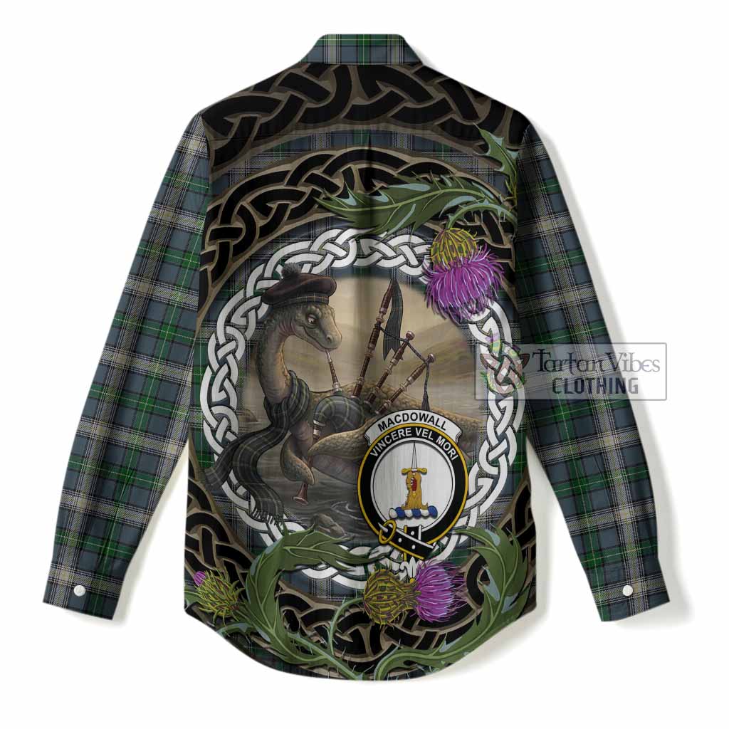 MacDowall (McDowall) Tartan Crest Bagpipe Nessie Women Casual Shirt Scottish Loch Ness Monster Celtic Thistle