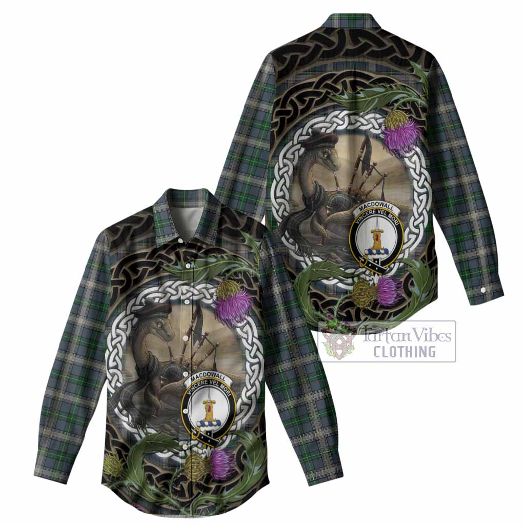 MacDowall (McDowall) Tartan Crest Bagpipe Nessie Women Casual Shirt Scottish Loch Ness Monster Celtic Thistle