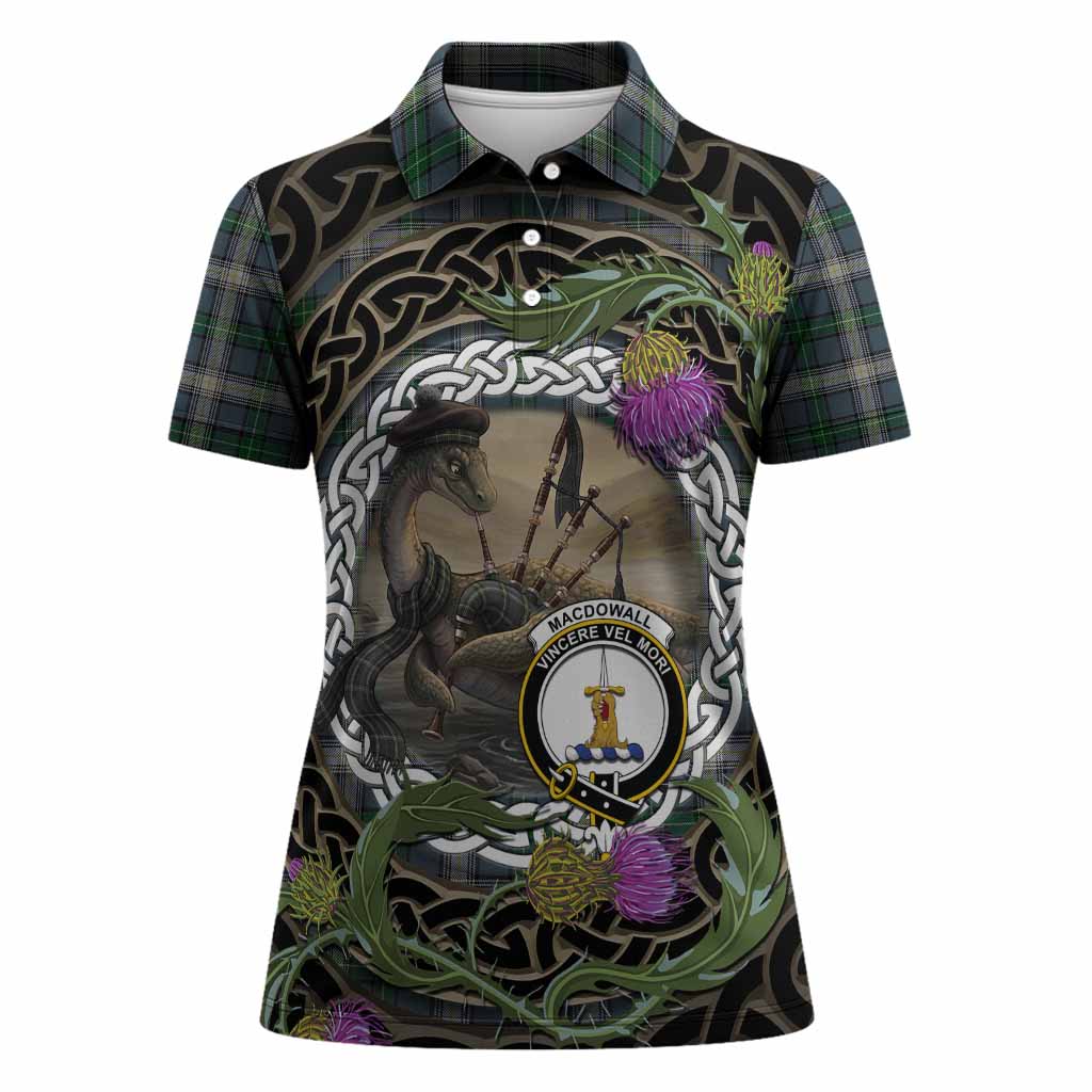 MacDowall (McDowall) Tartan Crest Bagpipe Nessie Women Polo Shirt Scottish Loch Ness Monster Celtic Thistle