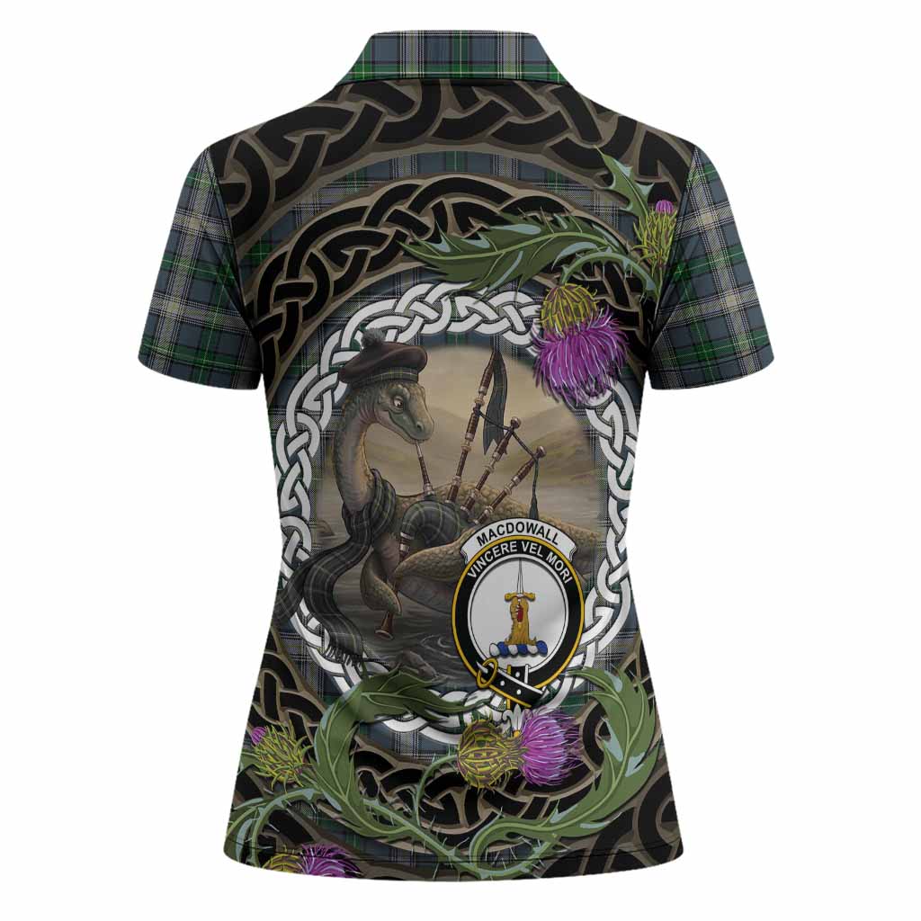 MacDowall (McDowall) Tartan Crest Bagpipe Nessie Women Polo Shirt Scottish Loch Ness Monster Celtic Thistle