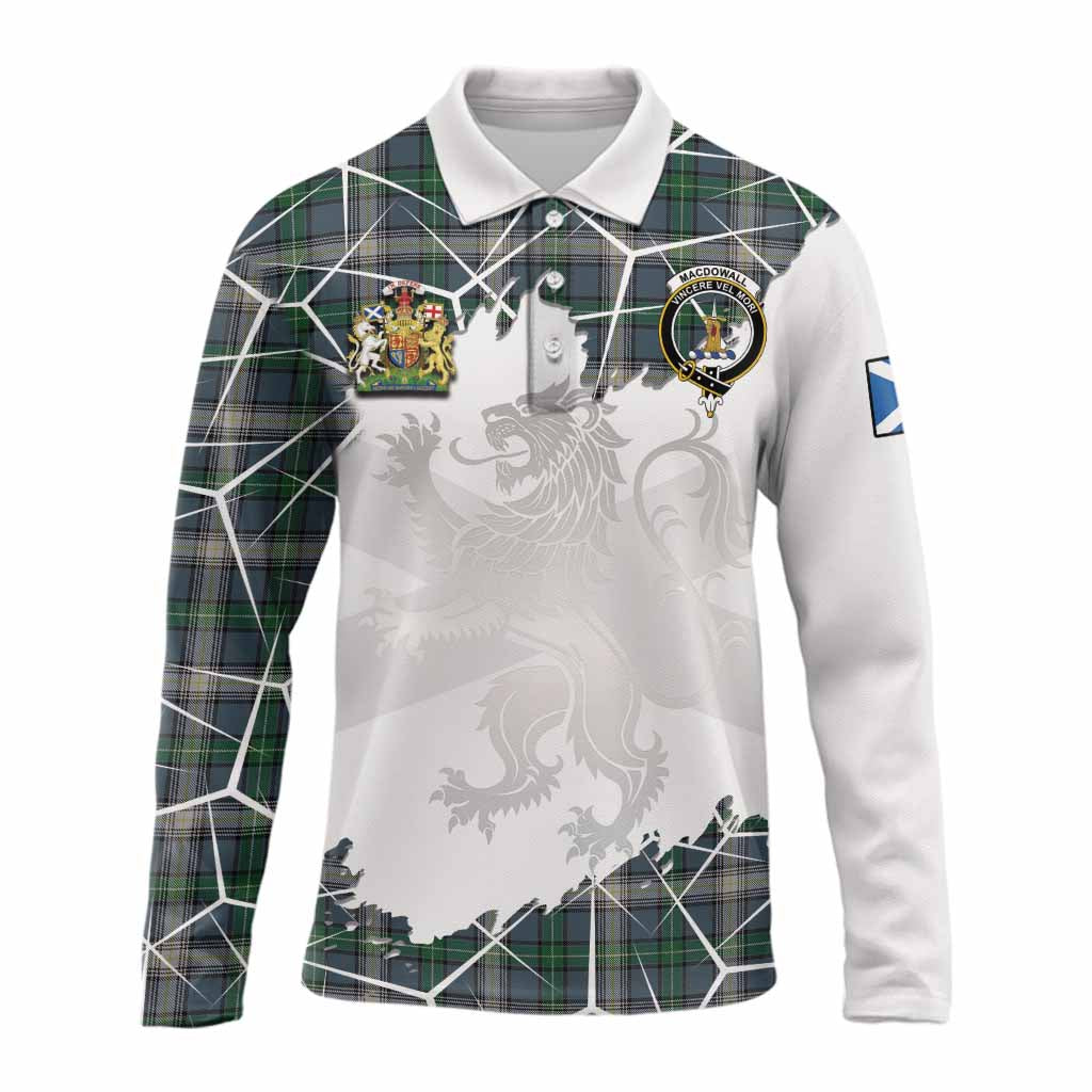 MacDowall (McDowall) Tartan Long Sleeve Polo Shirt with Family Crest and Lion Rampant Grunge Style
