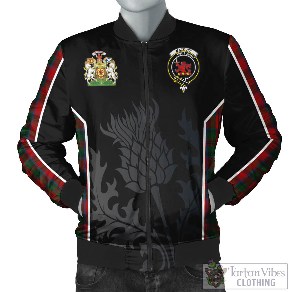 Tartan Vibes Clothing MacDuff Tartan Bomber Jacket with Family Crest and Scottish Thistle Vibes Sport Style