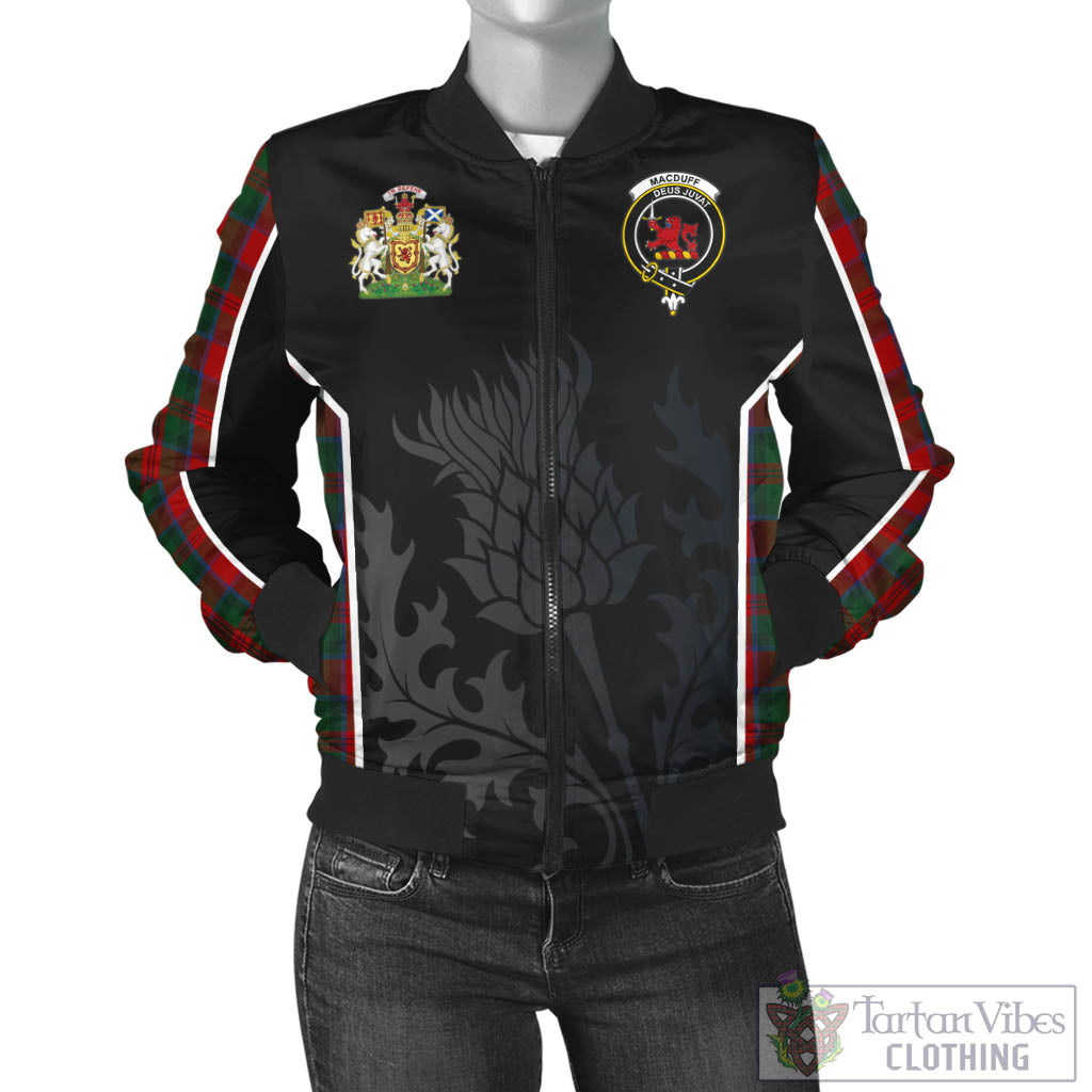 Tartan Vibes Clothing MacDuff Tartan Bomber Jacket with Family Crest and Scottish Thistle Vibes Sport Style