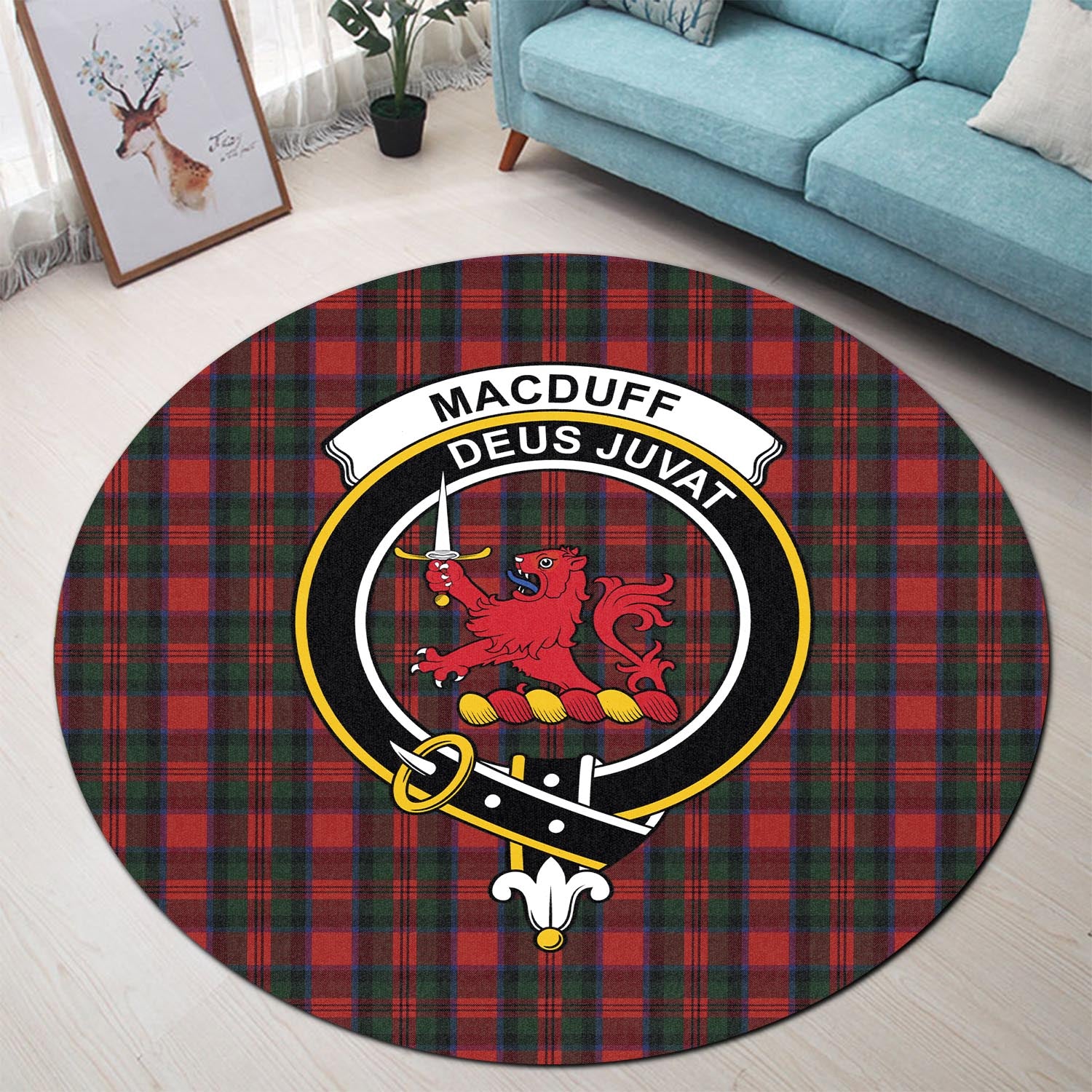 macduff-tartan-round-rug-with-family-crest