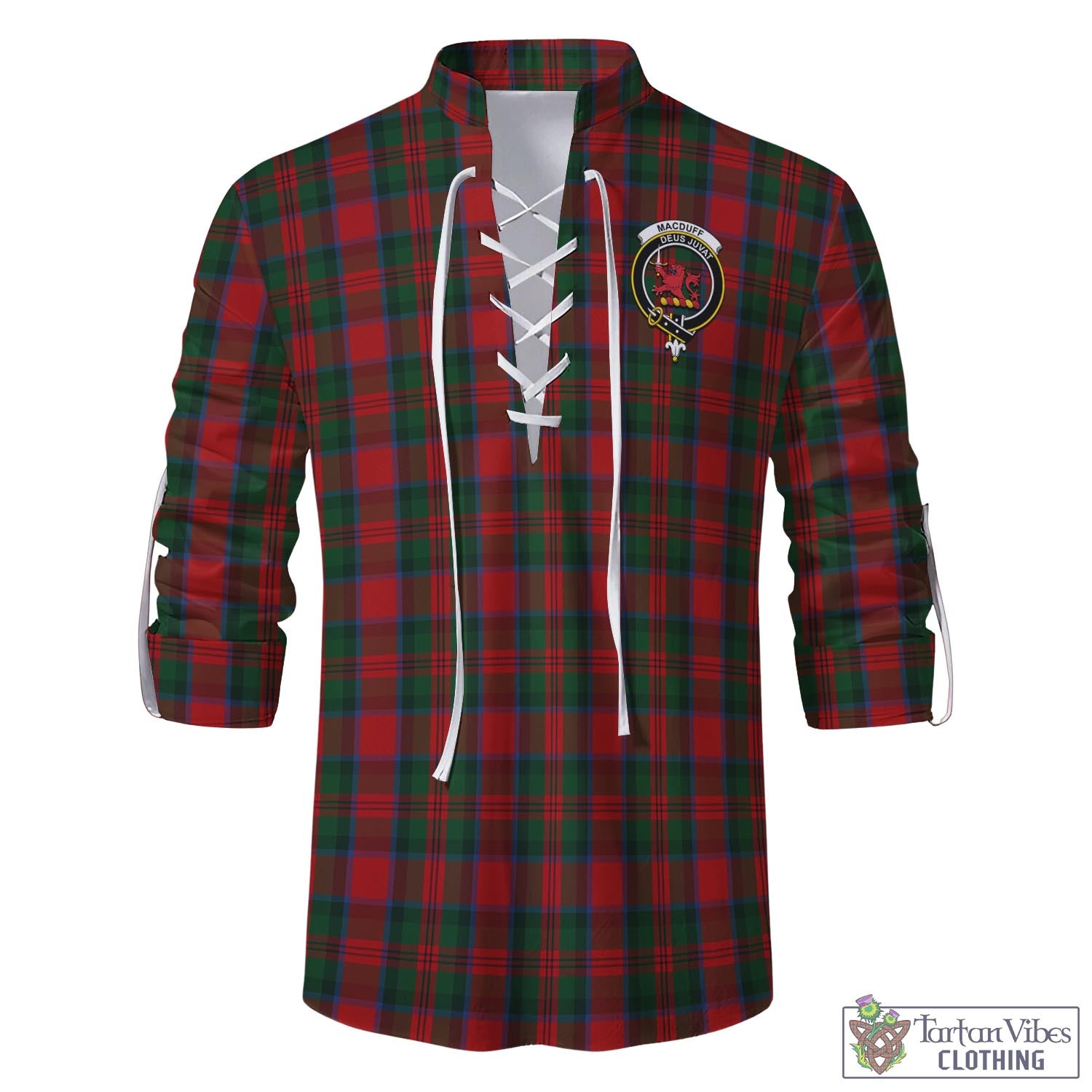 Tartan Vibes Clothing MacDuff Tartan Men's Scottish Traditional Jacobite Ghillie Kilt Shirt with Family Crest