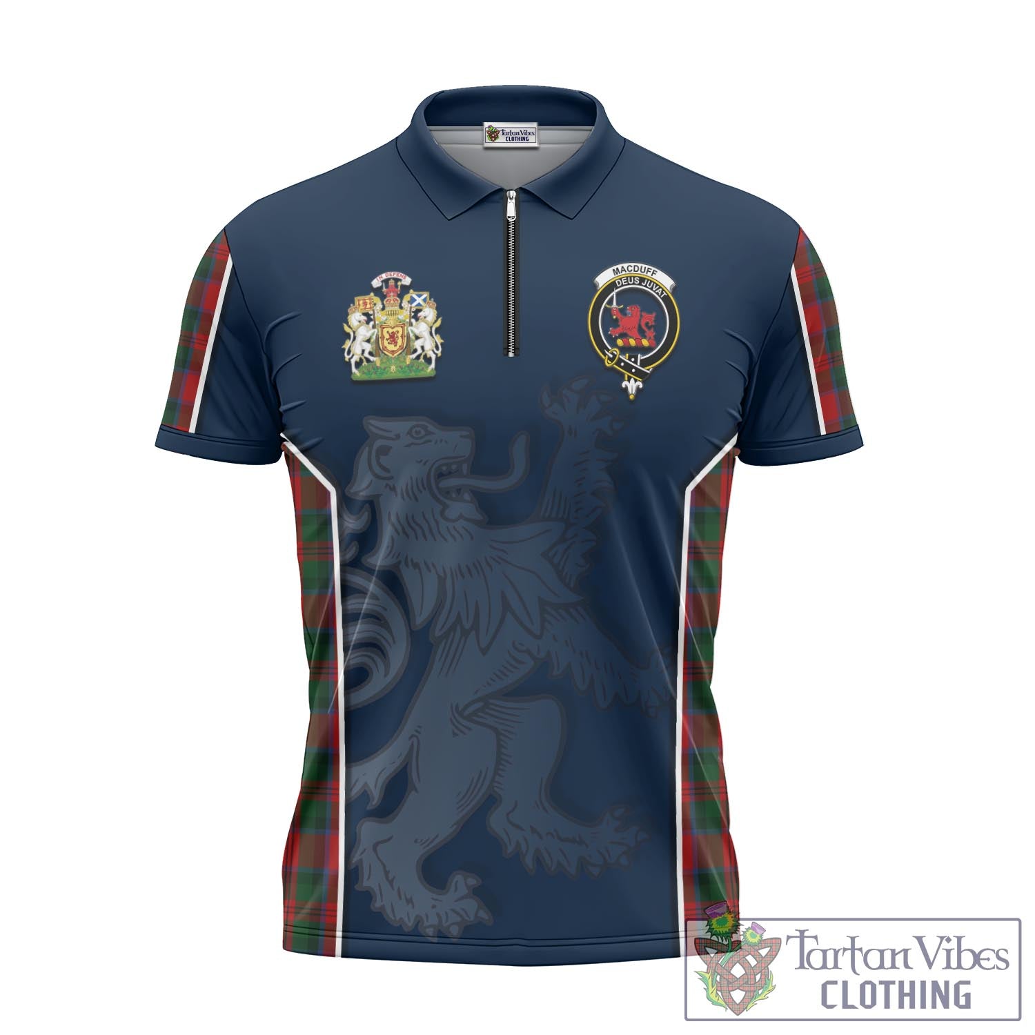 Tartan Vibes Clothing MacDuff Tartan Zipper Polo Shirt with Family Crest and Lion Rampant Vibes Sport Style