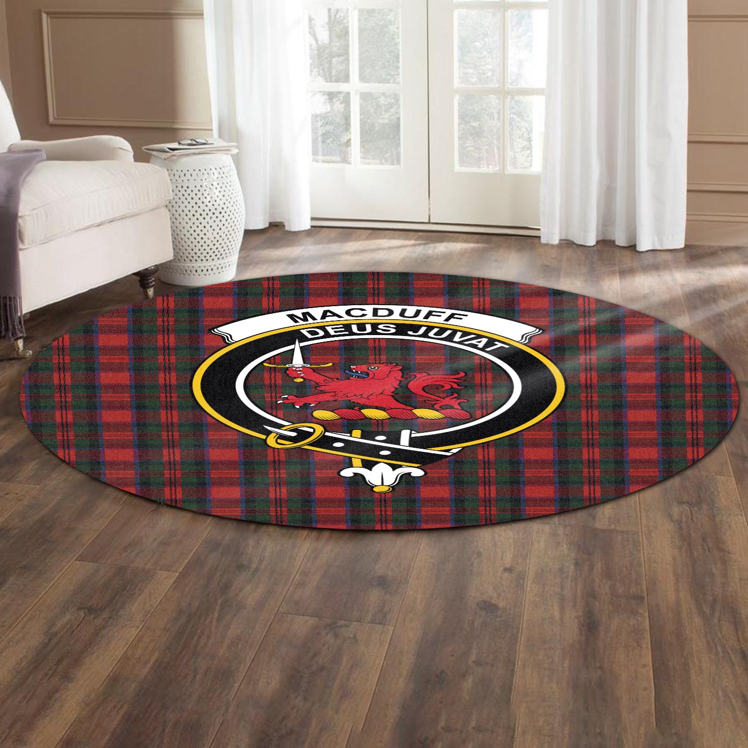 macduff-tartan-round-rug-with-family-crest
