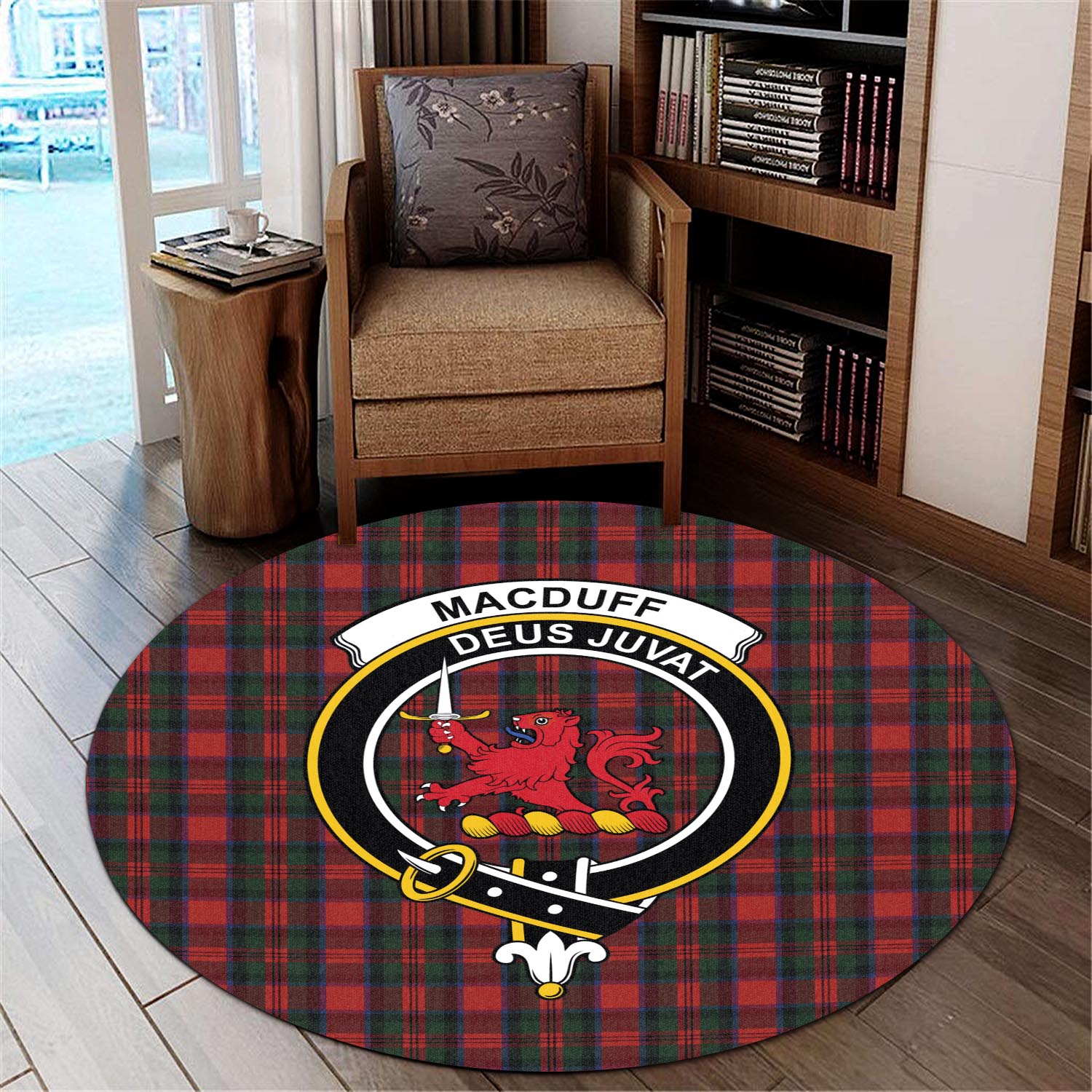macduff-tartan-round-rug-with-family-crest