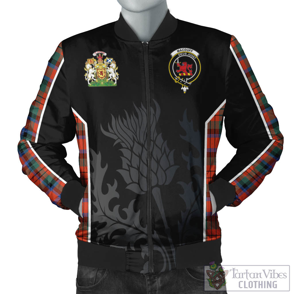 Tartan Vibes Clothing MacDuff Ancient Tartan Bomber Jacket with Family Crest and Scottish Thistle Vibes Sport Style