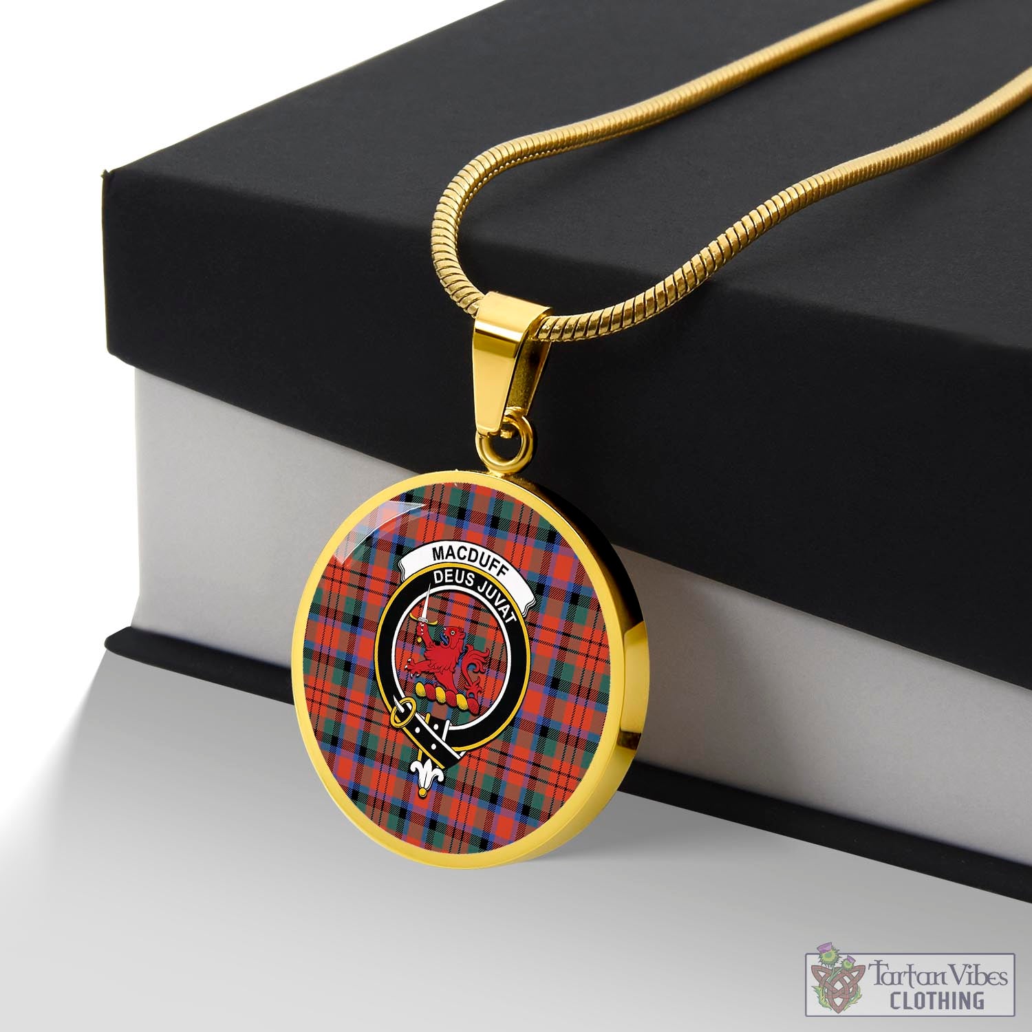 Tartan Vibes Clothing MacDuff Ancient Tartan Circle Necklace with Family Crest