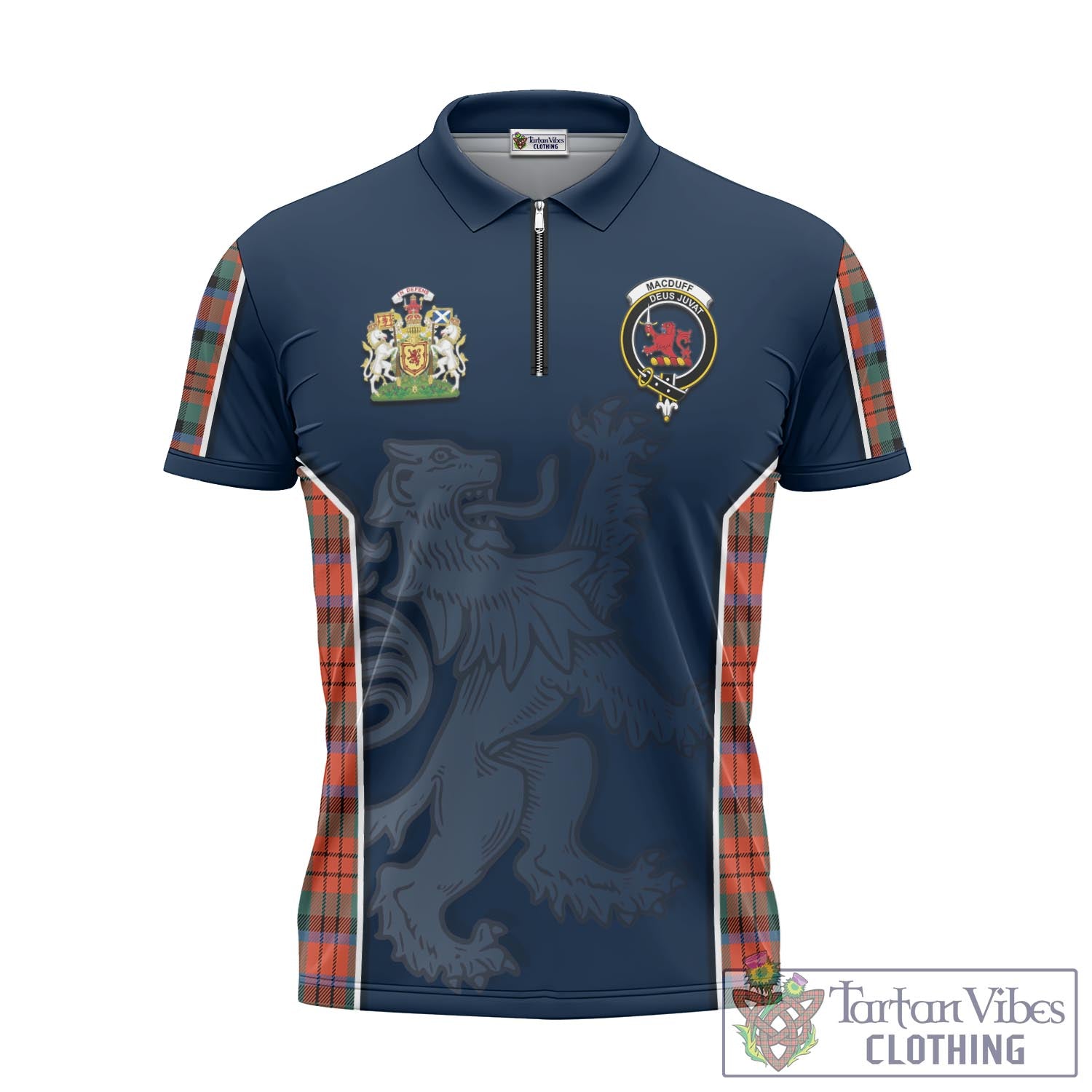 Tartan Vibes Clothing MacDuff Ancient Tartan Zipper Polo Shirt with Family Crest and Lion Rampant Vibes Sport Style