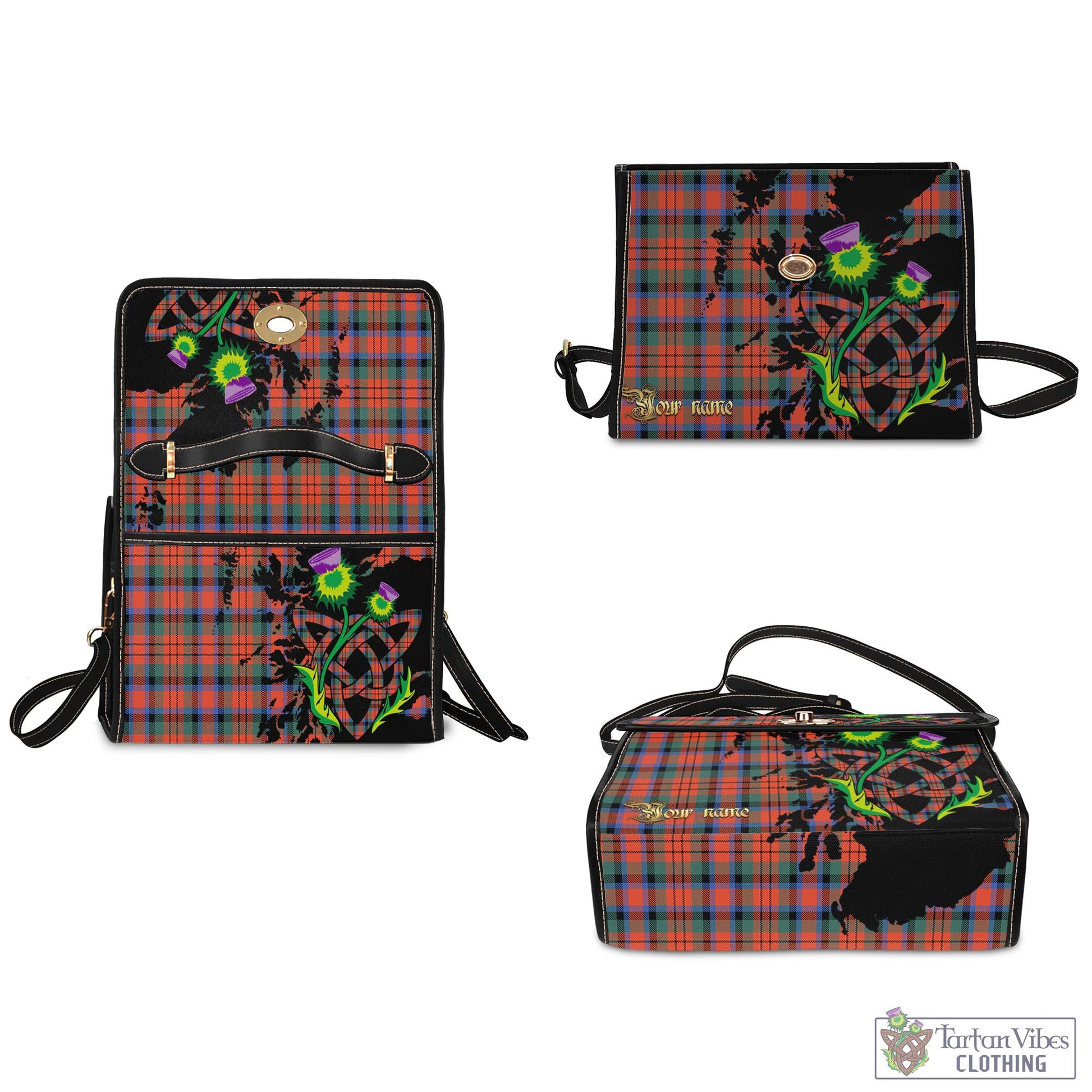 Tartan Vibes Clothing MacDuff Ancient Tartan Waterproof Canvas Bag with Scotland Map and Thistle Celtic Accents
