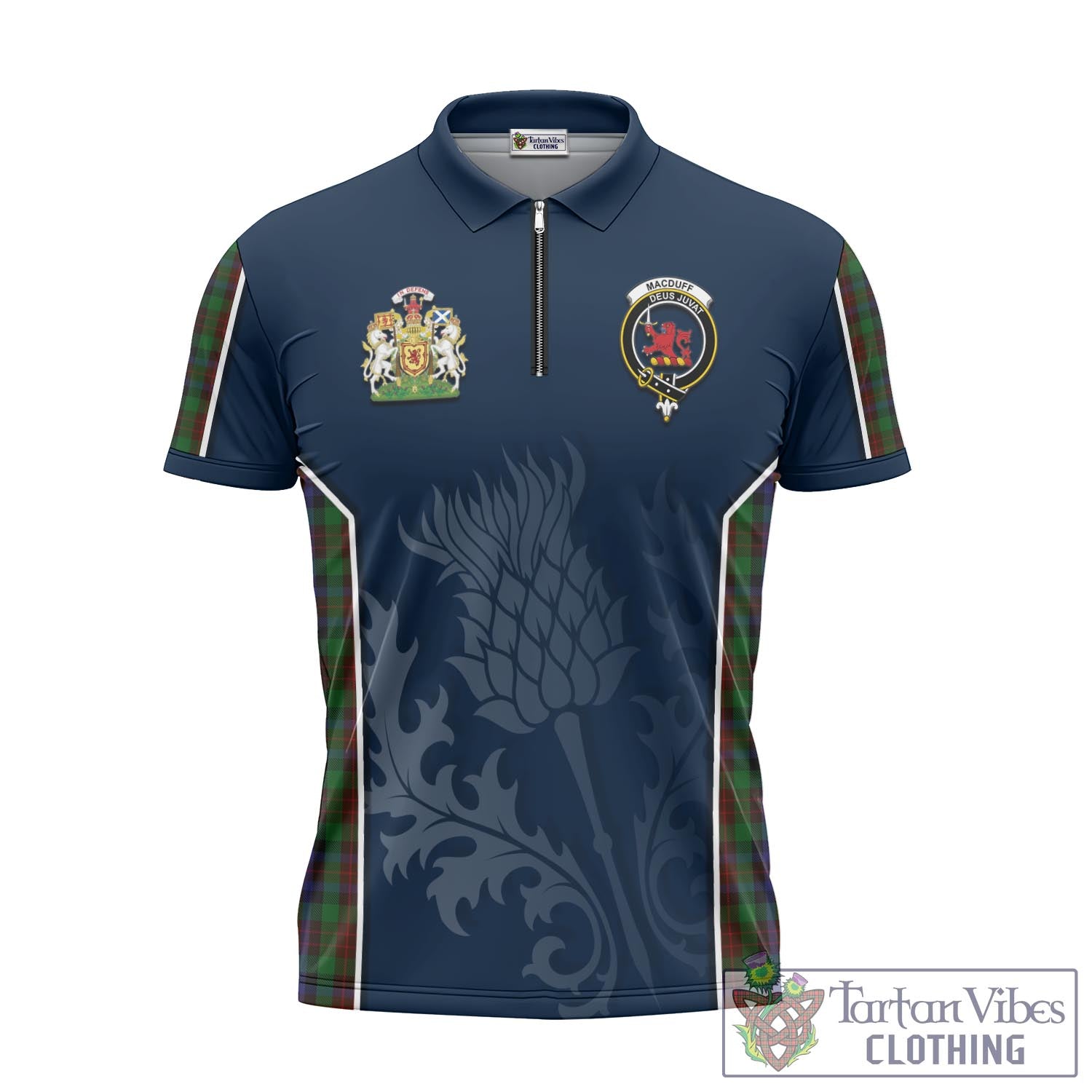 Tartan Vibes Clothing MacDuff Hunting Tartan Zipper Polo Shirt with Family Crest and Scottish Thistle Vibes Sport Style