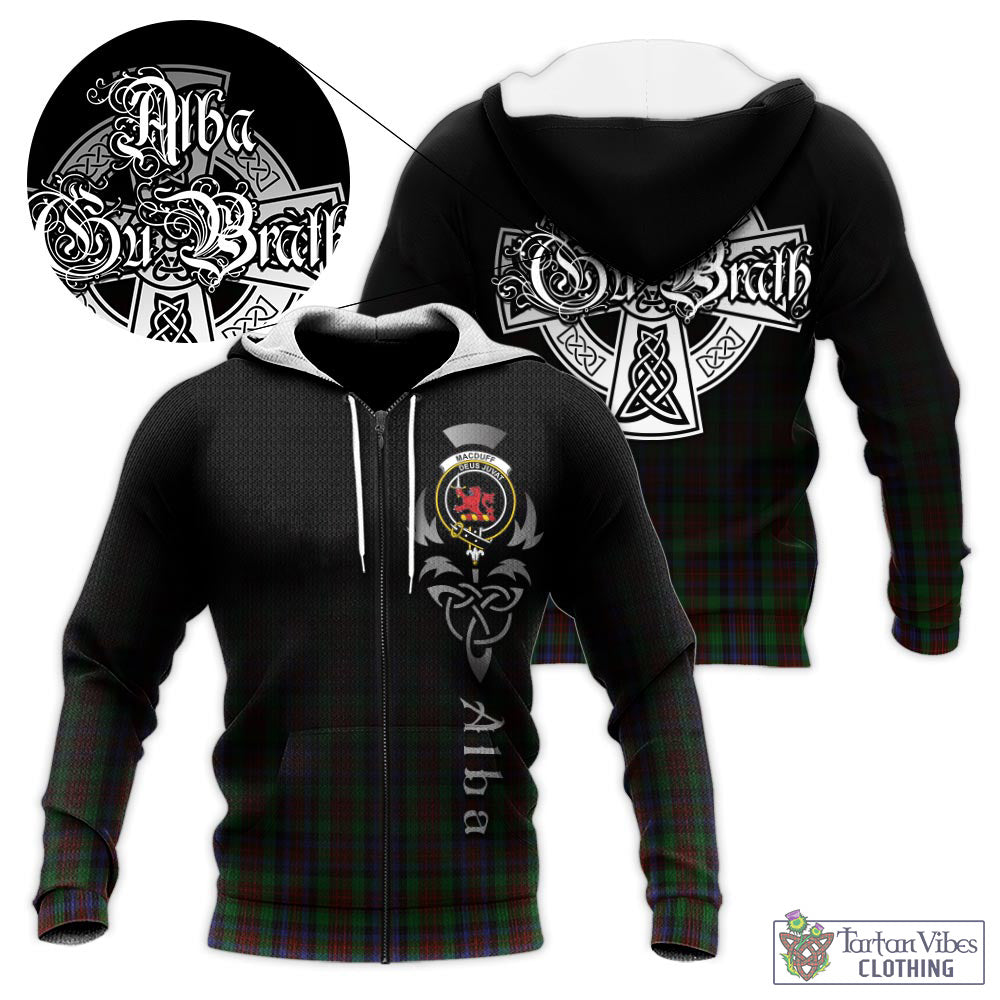Tartan Vibes Clothing MacDuff Hunting Tartan Knitted Hoodie Featuring Alba Gu Brath Family Crest Celtic Inspired