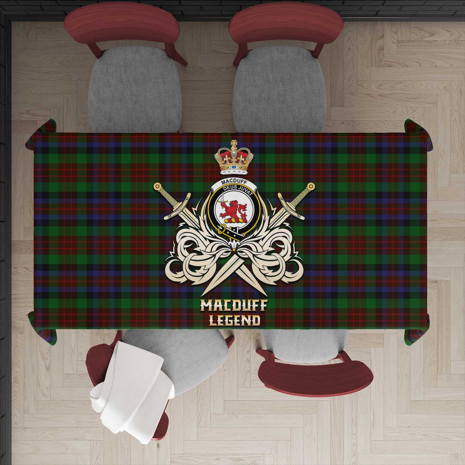 Tartan Vibes Clothing MacDuff Hunting Tartan Tablecloth with Clan Crest and the Golden Sword of Courageous Legacy