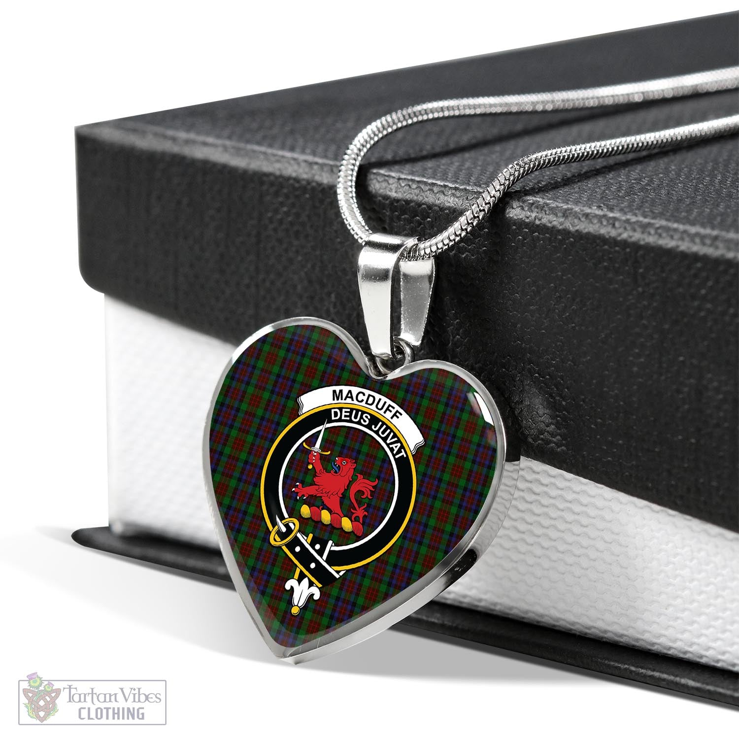 Tartan Vibes Clothing MacDuff Hunting Tartan Heart Necklace with Family Crest