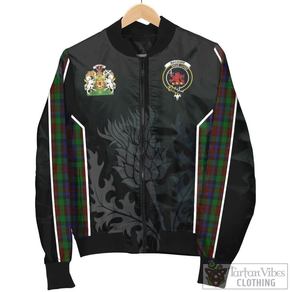 Tartan Vibes Clothing MacDuff Hunting Tartan Bomber Jacket with Family Crest and Scottish Thistle Vibes Sport Style