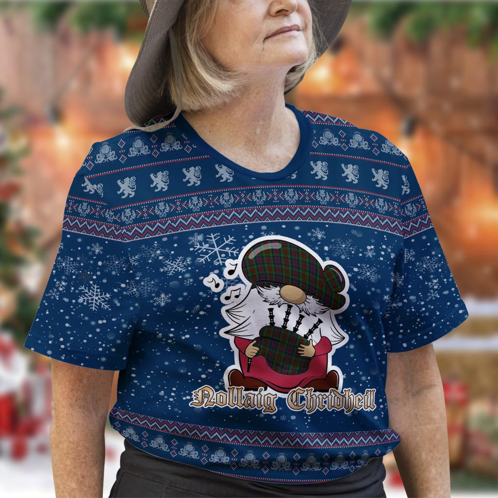 MacDuff Hunting Clan Christmas Family T-Shirt with Funny Gnome Playing Bagpipes Women's Shirt Blue - Tartanvibesclothing