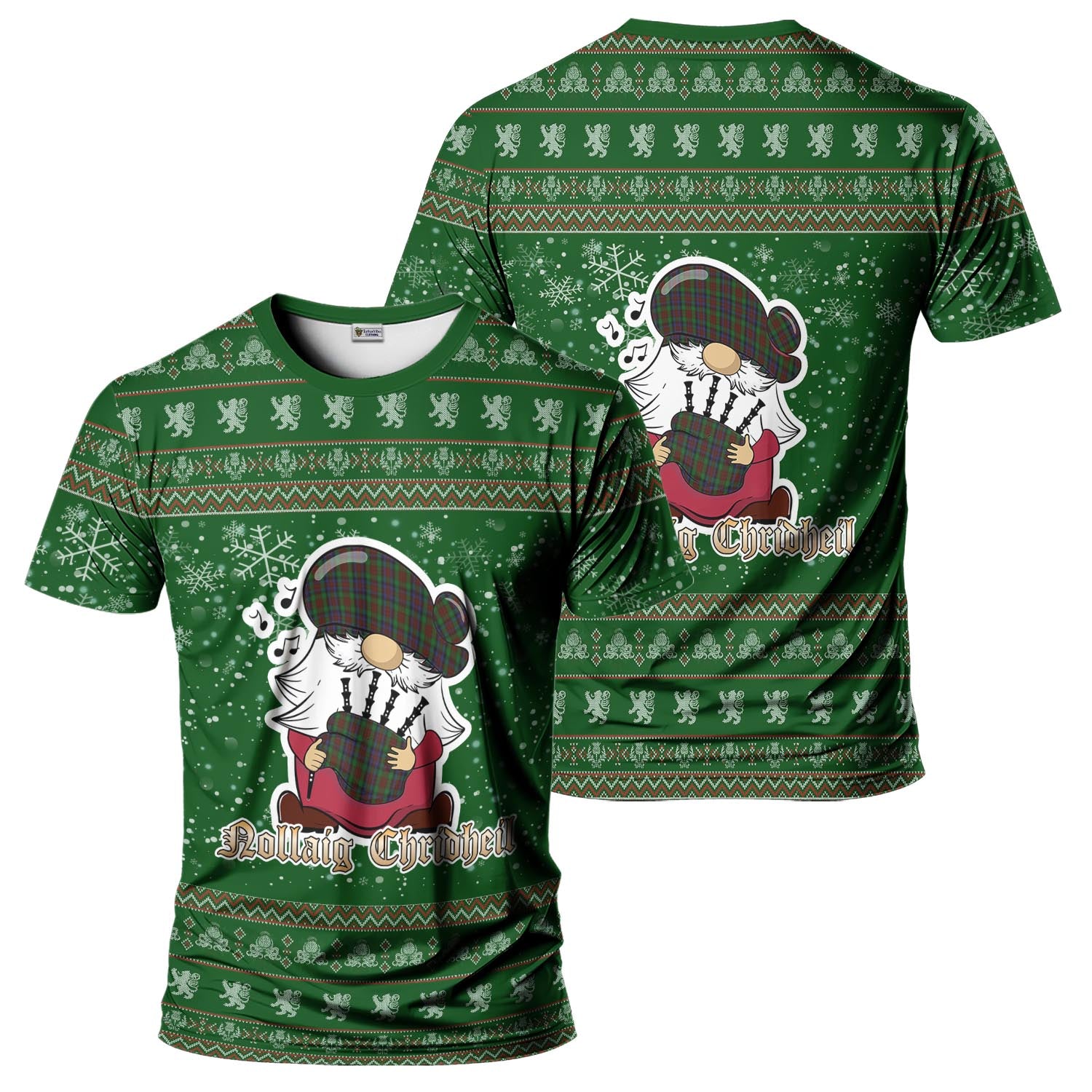 MacDuff Hunting Clan Christmas Family T-Shirt with Funny Gnome Playing Bagpipes Men's Shirt Green - Tartanvibesclothing