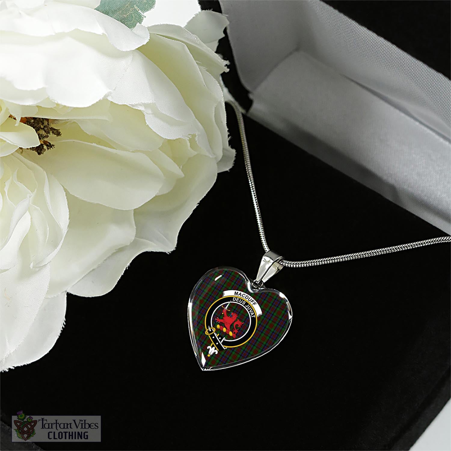 Tartan Vibes Clothing MacDuff Hunting Tartan Heart Necklace with Family Crest