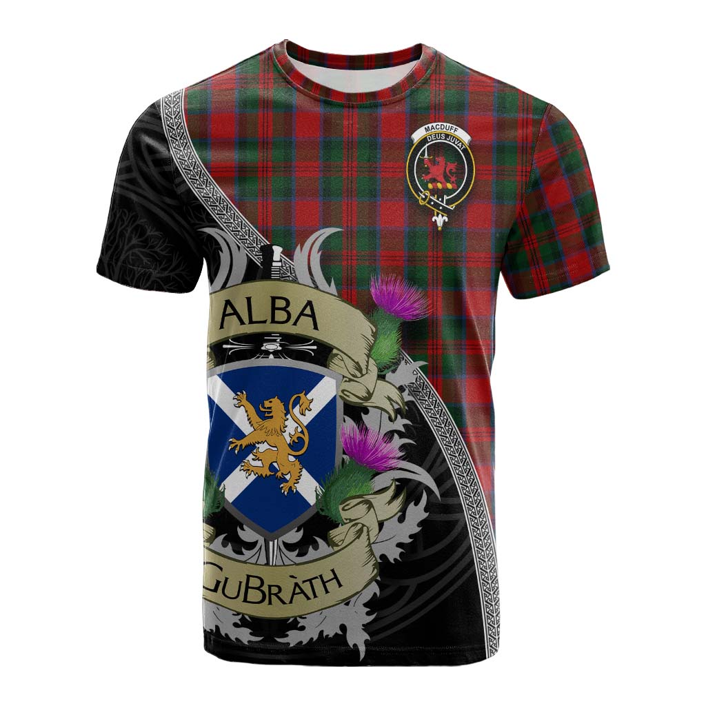 Tartan Vibes Clothing MacDuff (McDuff) Tartan Family Crest Cotton T-shirt Lion Rampant Royal Thistle Shield Celtic Inspired