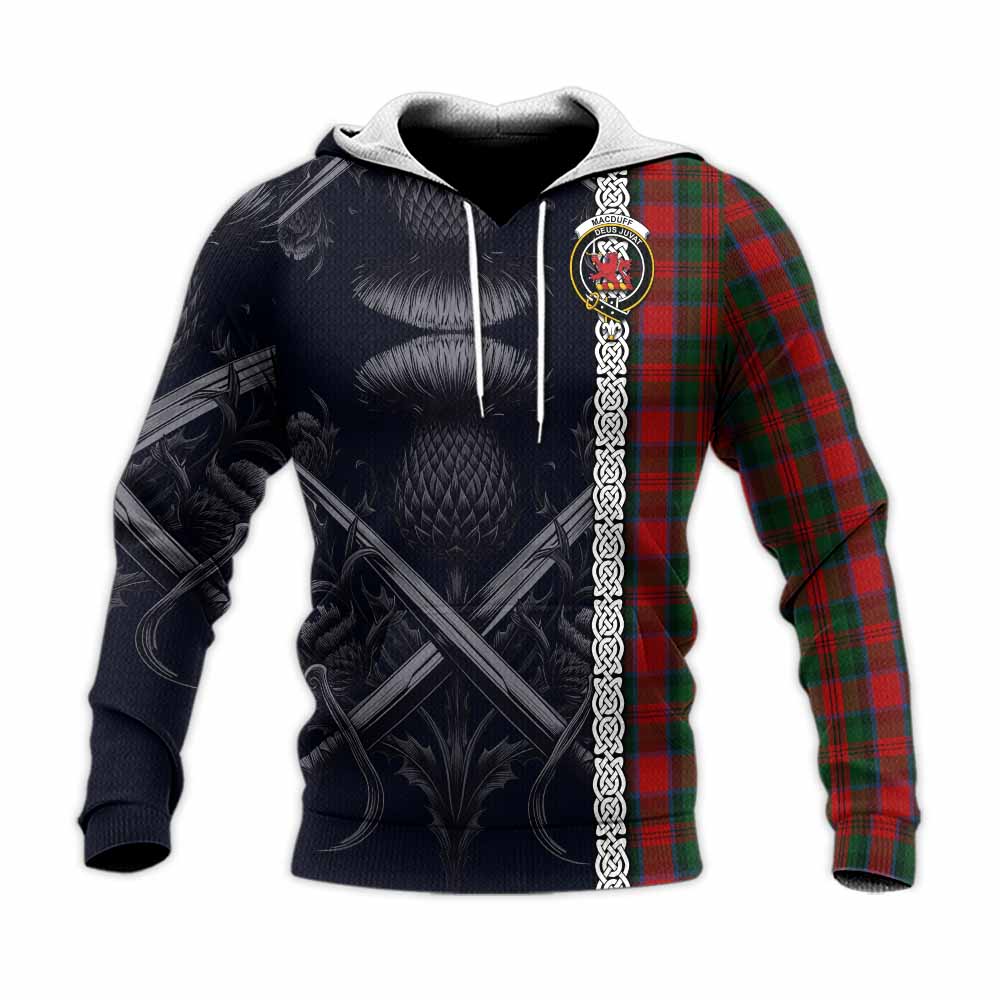 Tartan Vibes Clothing MacDuff (McDuff) Tartan Knitted Hoodie with Family Crest Cross Sword Thistle Celtic Vibes