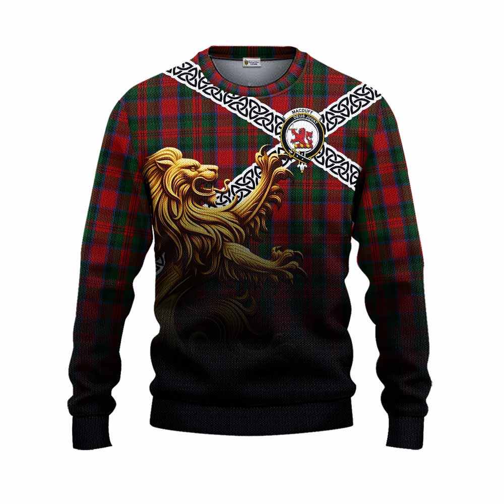 Tartan Vibes Clothing MacDuff (McDuff) Crest Tartan Knitted Sweater with Golden Lion Emblem Celtic Style