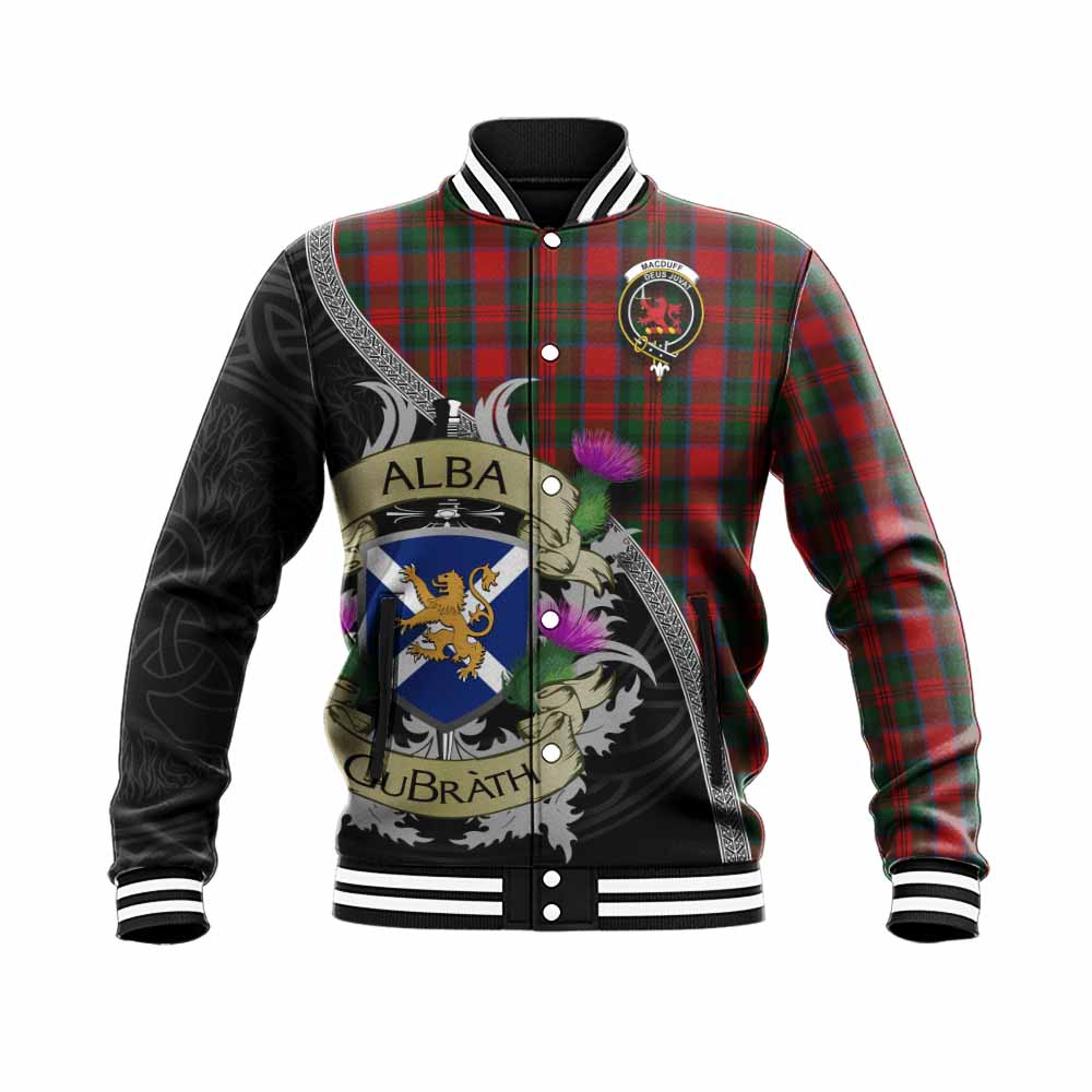 Tartan Vibes Clothing MacDuff (McDuff) Tartan Family Crest Baseball Jacket Lion Rampant Royal Thistle Shield Celtic Inspired