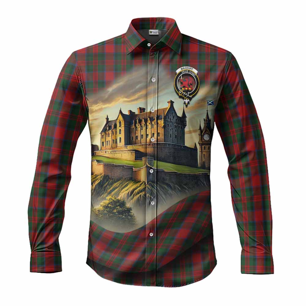 Tartan Vibes Clothing MacDuff (McDuff) Tartan Family Crest Long Sleeve Button Shirt with Scottish Ancient Castle Style