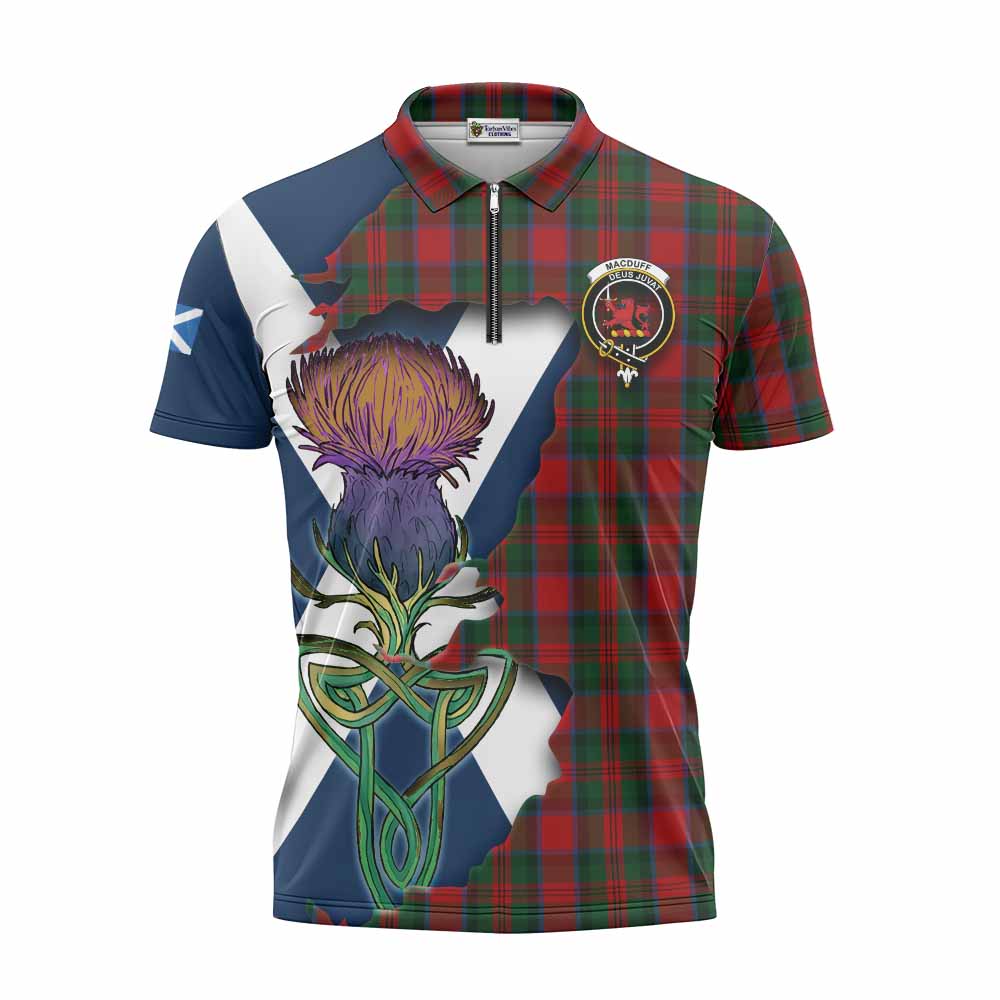Tartan Vibes Clothing MacDuff (McDuff) Tartan Family Crest Zipper Polo Shirt Scottish Thistle Celtic Inspired