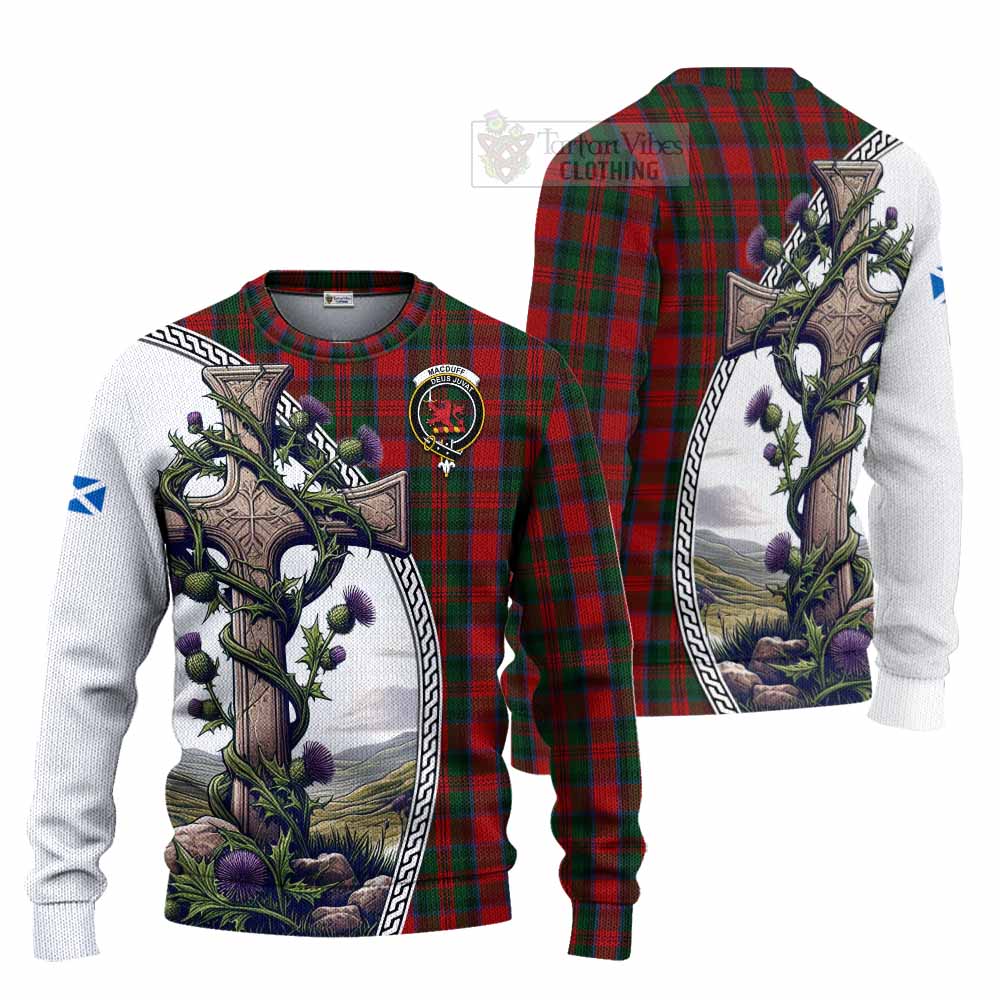 MacDuff (McDuff) Tartan Knitted Sweater with Family Crest and St. Andrew's Cross Accented by Thistle Vines Unisex - Tartan Vibes Clothing