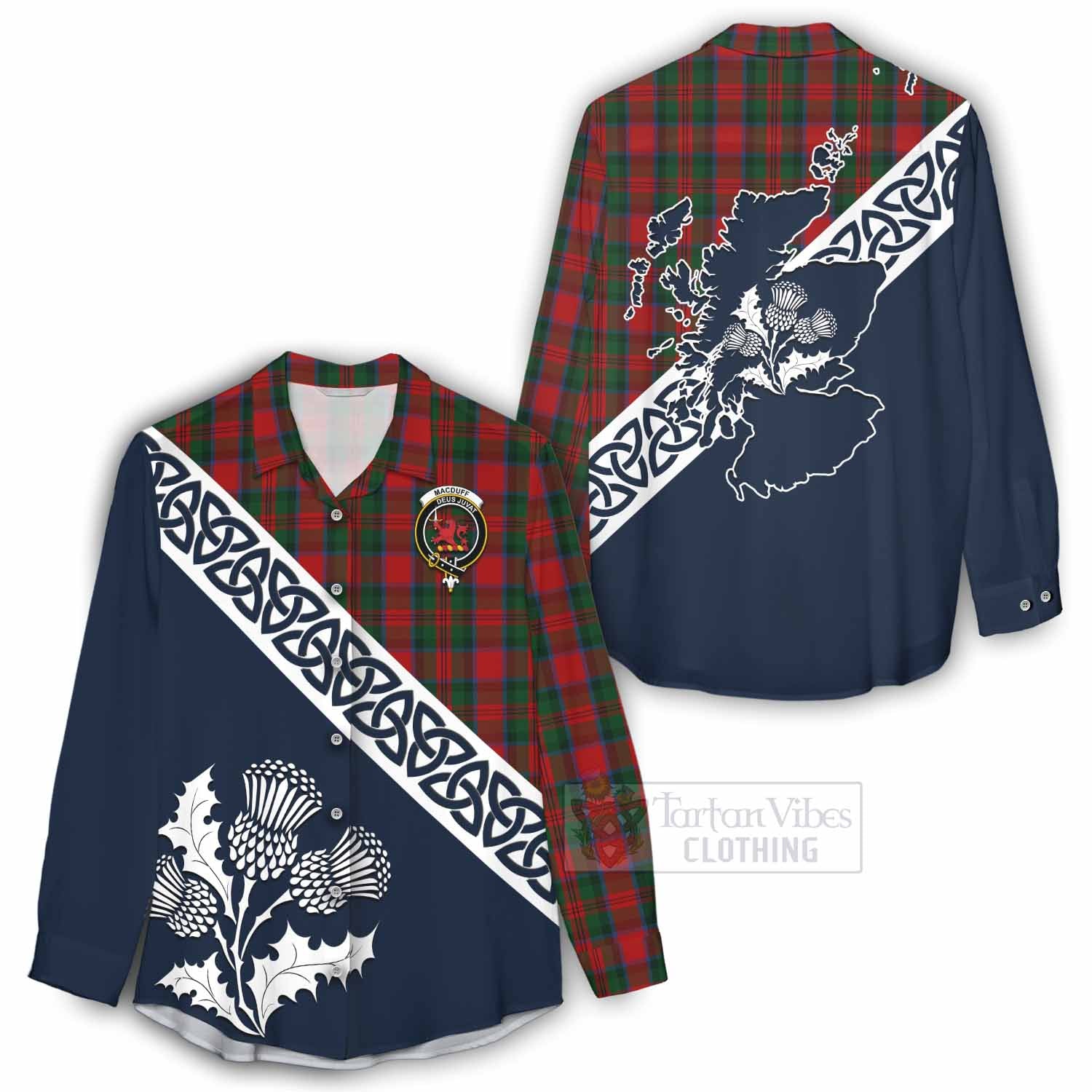 Tartan Vibes Clothing MacDuff (McDuff) Tartan Women's Casual Shirt Featuring Thistle and Scotland Map