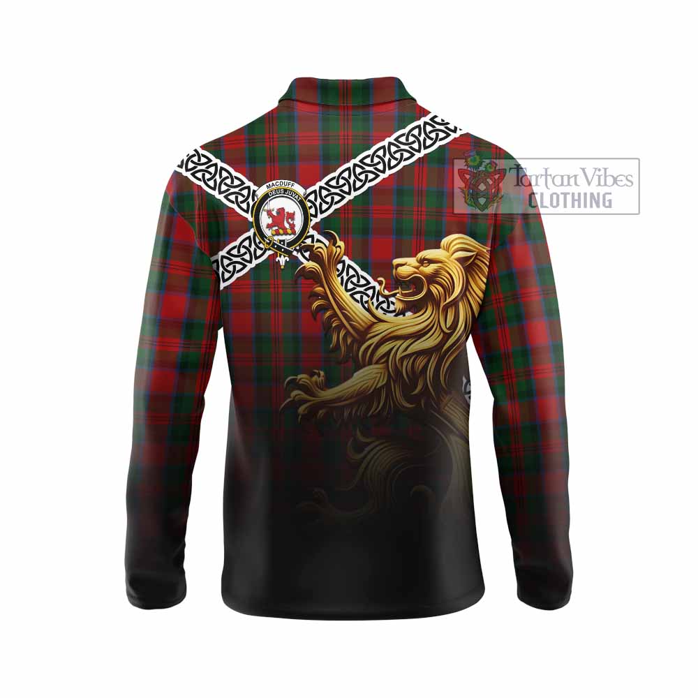 Tartan Vibes Clothing MacDuff (McDuff) Crest Tartan Long Sleeve Polo Shirt with Golden Lion Emblem Celtic Style