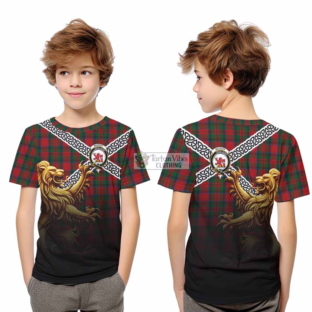 Tartan Vibes Clothing MacDuff (McDuff) Crest Tartan Kid T-Shirt with Golden Lion Emblem Celtic Style