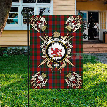 MacDuff (McDuff) Tartan Garden Flag with Family Crest and Golden Thistle Crossed Sword Design