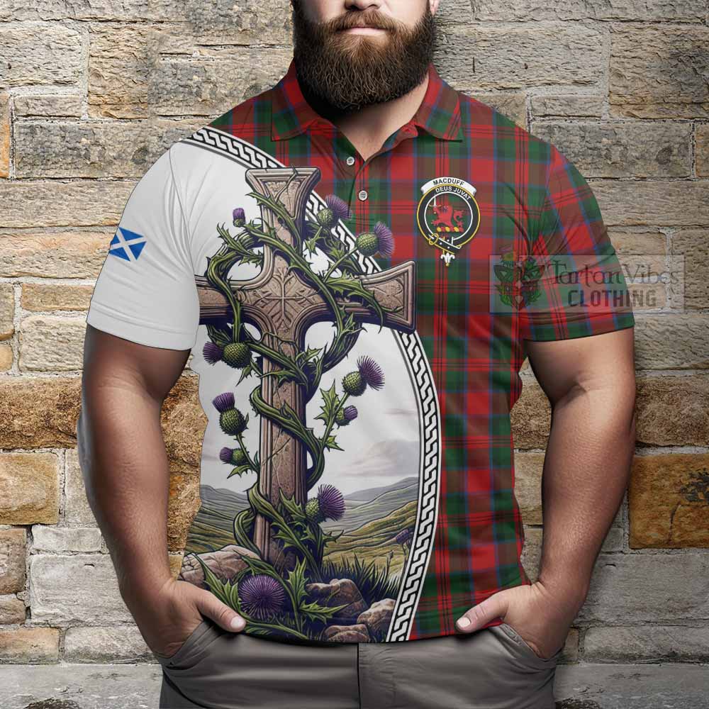 Tartan Vibes Clothing MacDuff (McDuff) Tartan Polo Shirt with Family Crest and St. Andrew's Cross Accented by Thistle Vines