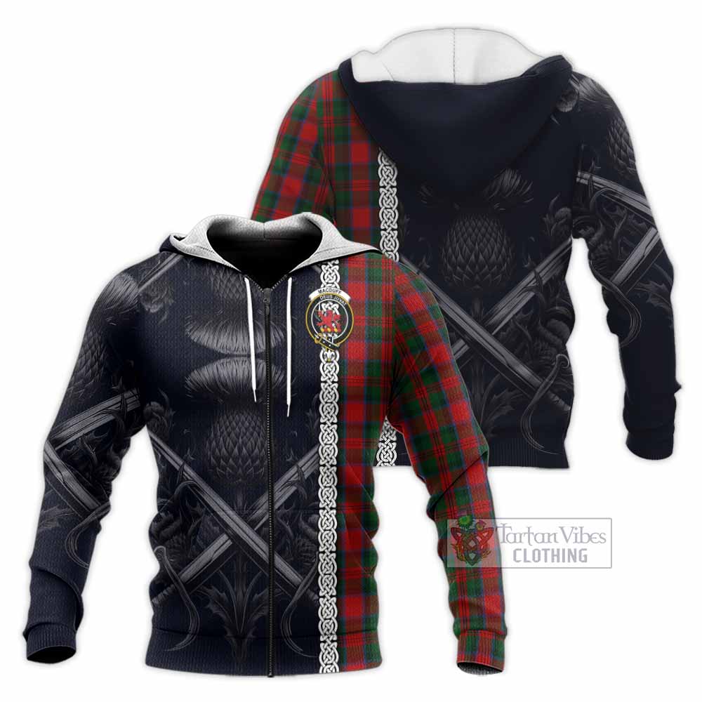 Tartan Vibes Clothing MacDuff (McDuff) Tartan Knitted Hoodie with Family Crest Cross Sword Thistle Celtic Vibes