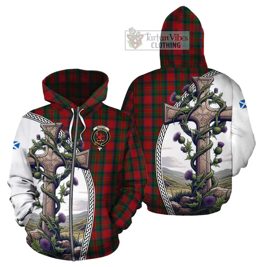 Tartan Vibes Clothing MacDuff (McDuff) Tartan Cotton Hoodie with Family Crest and St. Andrew's Cross Accented by Thistle Vines