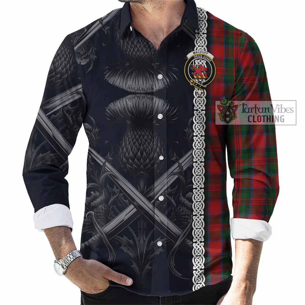 Tartan Vibes Clothing MacDuff (McDuff) Tartan Long Sleeve Button Shirt with Family Crest Cross Sword Thistle Celtic Vibes