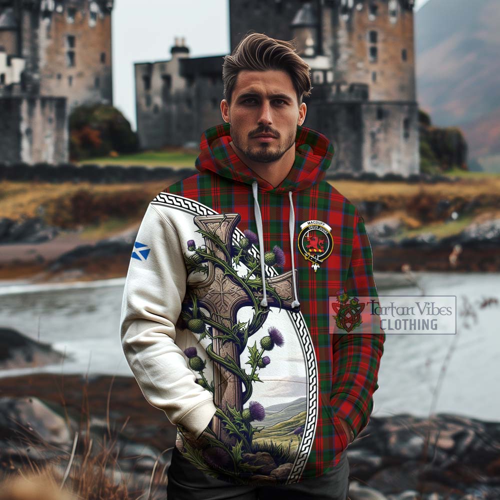 Tartan Vibes Clothing MacDuff (McDuff) Tartan Cotton Hoodie with Family Crest and St. Andrew's Cross Accented by Thistle Vines
