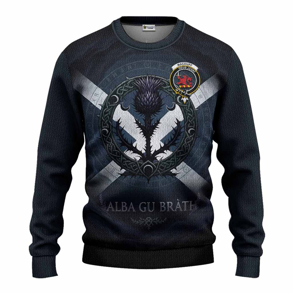 MacDuff (McDuff) Clan Crest Knitted Sweater with Celtic Knot Thistle and Saltire