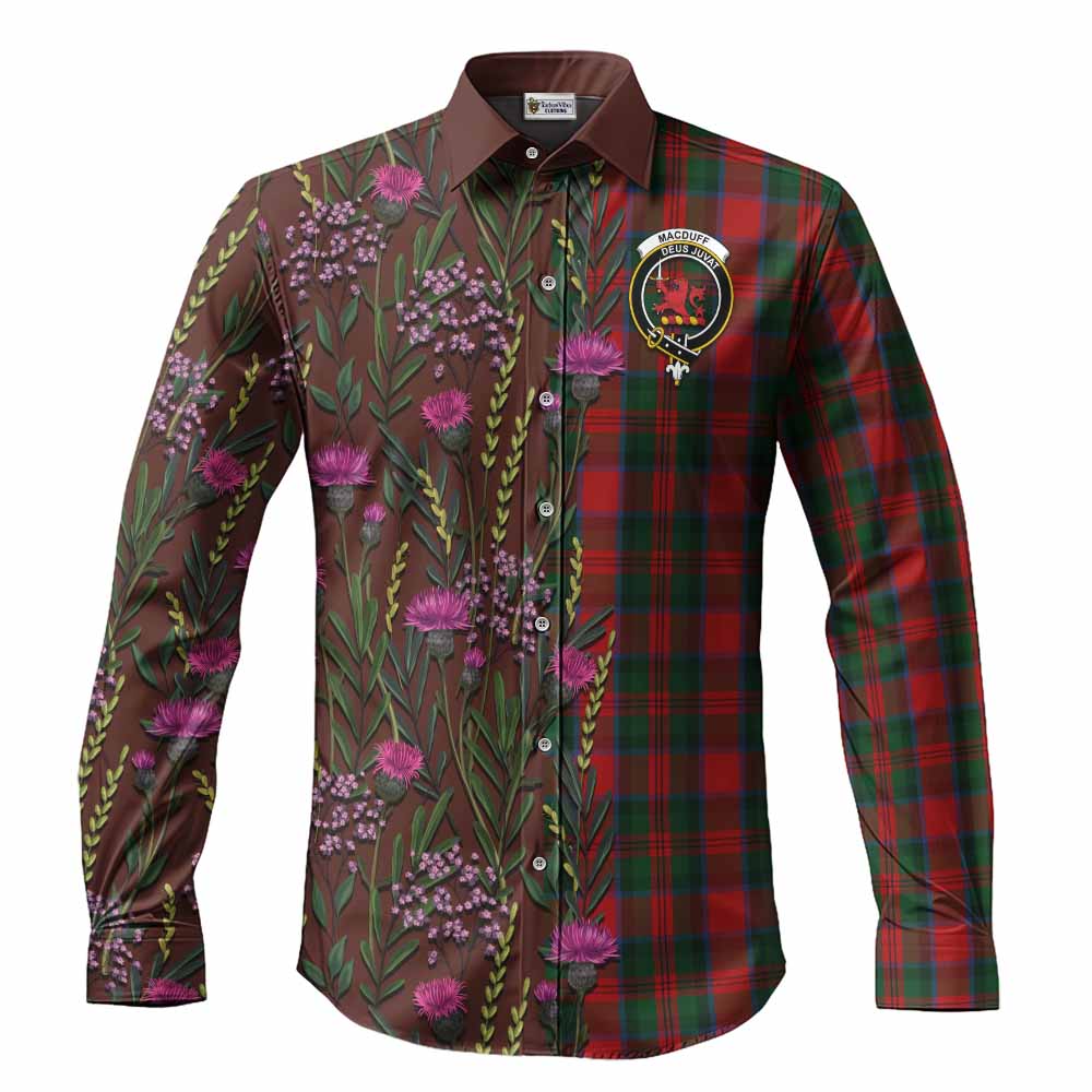 MacDuff (McDuff) Family Crest Tartan Long Sleeve Button Shirts Scottish Thistle Flower Pattern Half Style - Tartan Vibes Clothing