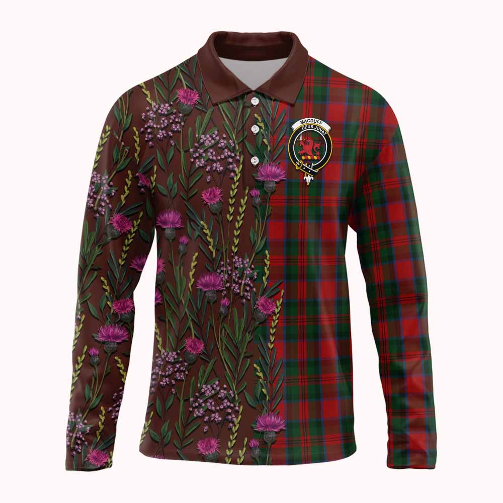 MacDuff (McDuff) Family Crest Tartan Long Sleeve Polo Shirt Scottish Thistle Flower Pattern Half Style - Tartan Vibes Clothing
