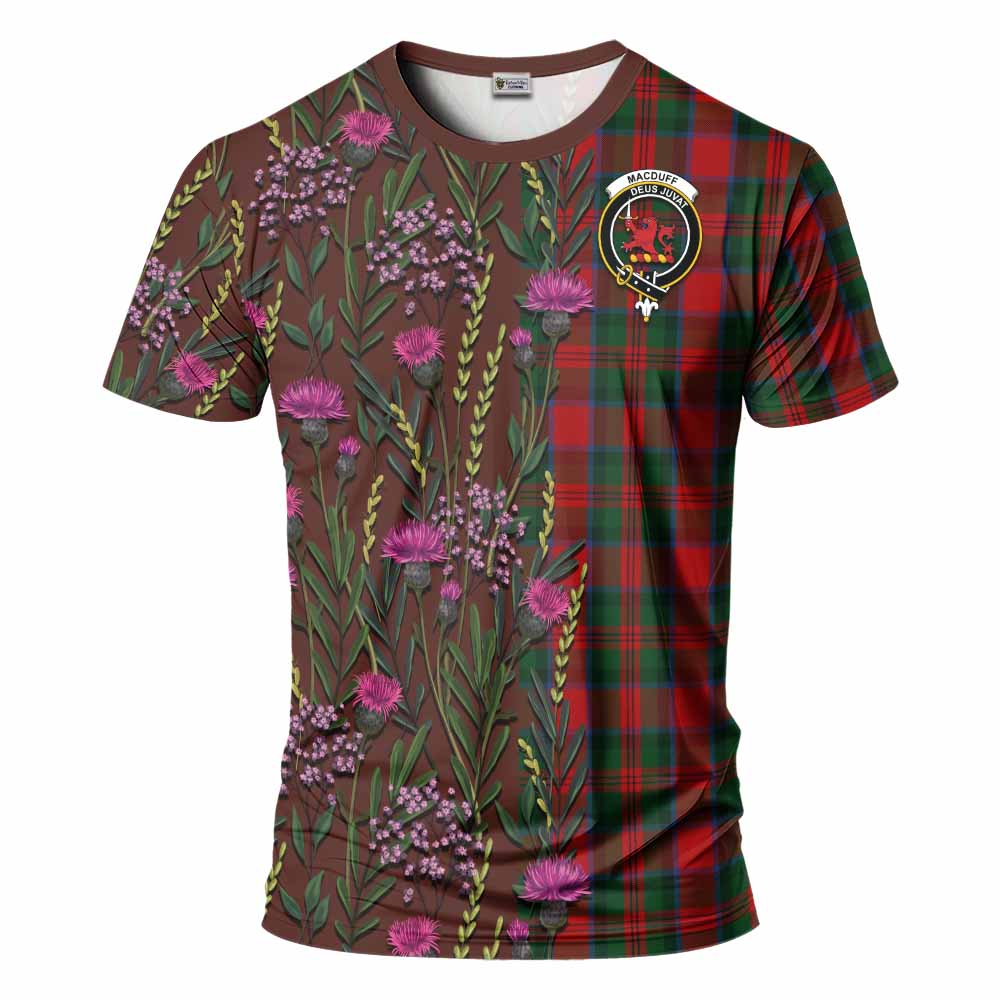 MacDuff (McDuff) Family Crest Tartan T-Shirt Scottish Thistle Flower Pattern Half Style - Tartan Vibes Clothing