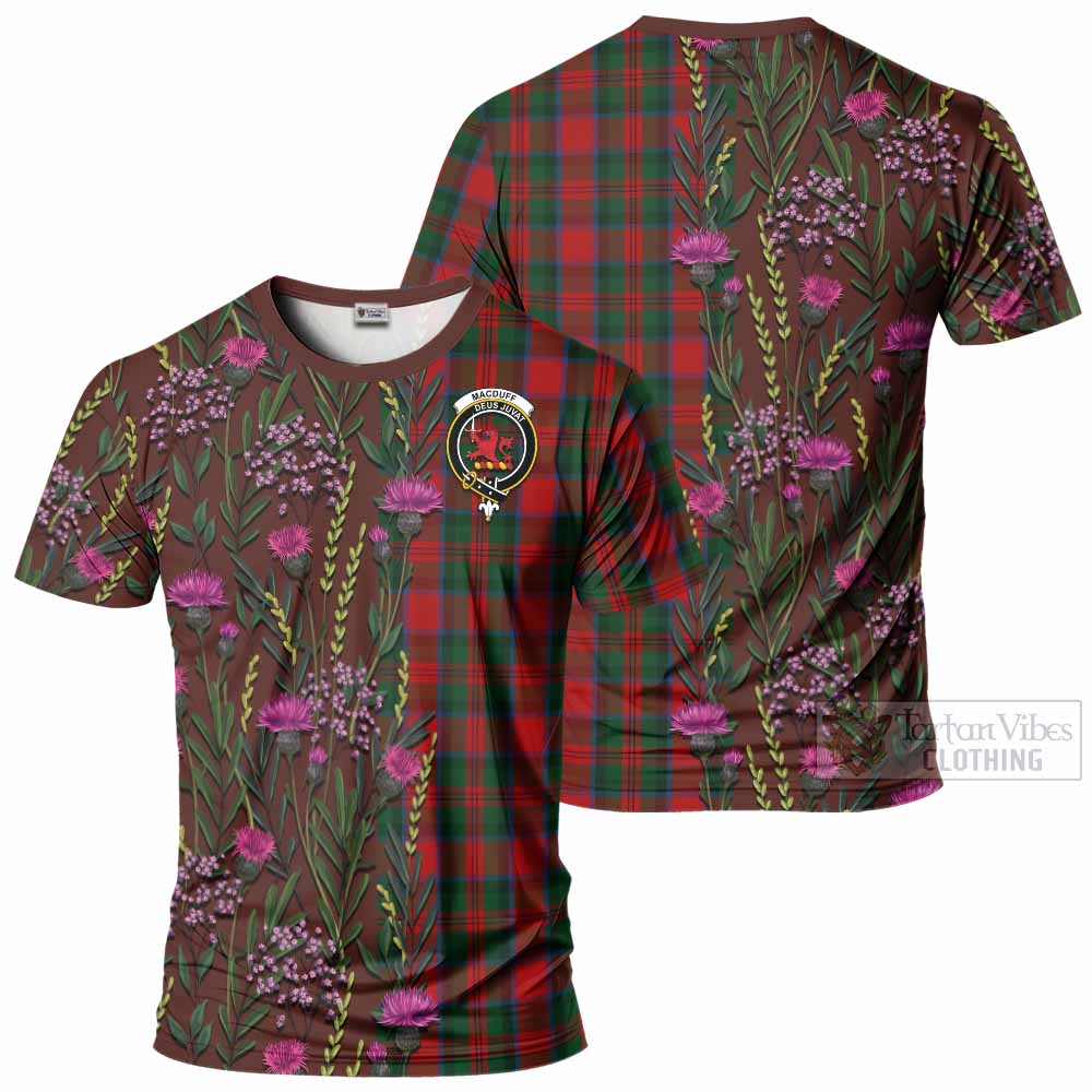 MacDuff (McDuff) Family Crest Tartan T-Shirt Scottish Thistle Flower Pattern Half Style - Tartan Vibes Clothing